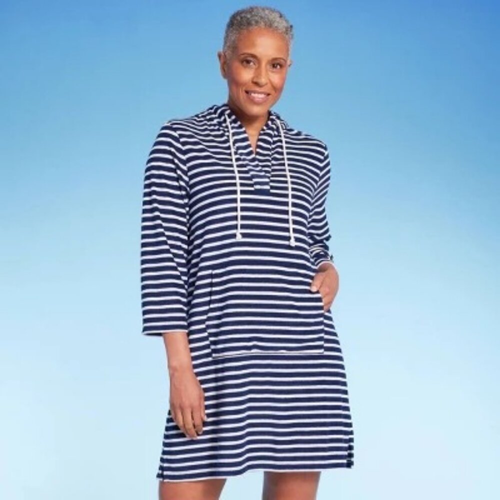 Lands' End Navy and White Striped Swim Coverup Hoodie